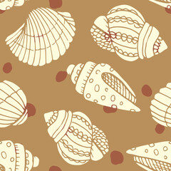 Vector seamless pattern with hand drawn scallop seashells, sea elements and stars. Beautiful marine design, perfect for prints and patterns, textile, fabric, children background
