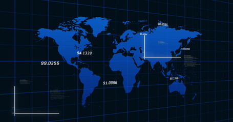 Image of financial data processing with statistics over world map