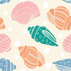 Vector seamless pattern with hand drawn scallop seashells, sea elements and stars. Beautiful marine design, perfect for prints and patterns, textile, fabric, children background