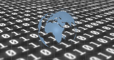 Image of financial data processing with red lines and globe spinning over binary coding
