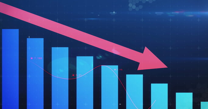 Image of financial statistics, data processing with red arrow descending and bubbles