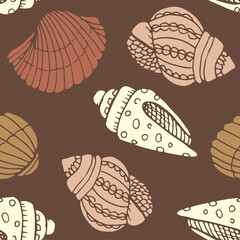 Vector seamless pattern with hand drawn scallop seashells, sea elements and stars. Beautiful marine design, perfect for prints and patterns, textile, fabric, children background