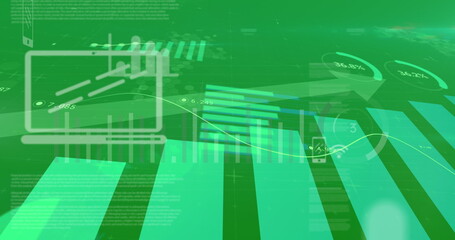 Digital image of financial data processing and digital icons moving against green background