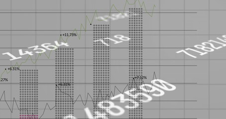 Digital image of multiple changing numbers floating against financial data processing on grey ba