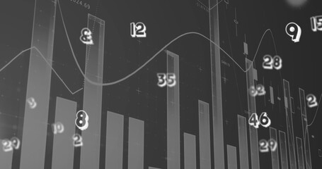 Digital image of multiple numbers floating against financial data processing on grey background