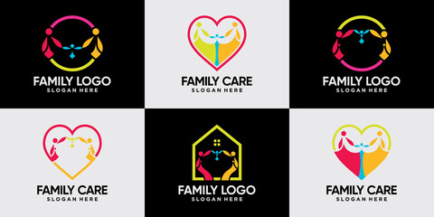 Set of family logo people together with unique line art style Premium Vector