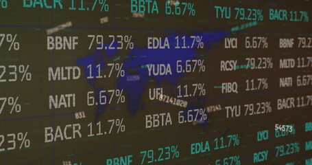 Fototapeta premium Digital composition of stock market data processing and multiple changing numbers against world map
