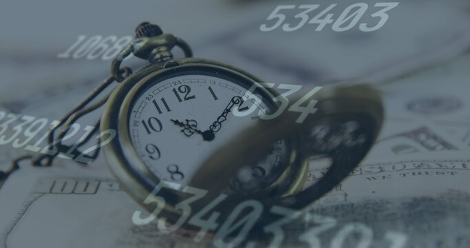Digital image of multiple changing numbers against pocket watch on american dollar bills - Powered by Adobe