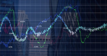 Financial data processing over grid network against tall buildings in background