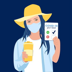 COVID 19 pcr test negative result. Health passport, document. Coronavirus test mandatory. Traveling, new normal. Girl or woman in airport. Flat design vector illustration