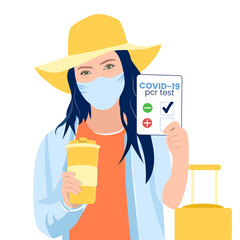 COVID 19 pcr test negative result. Health passport, document. Coronavirus test mandatory. Traveling, new normal. Girl or woman in airport. Flat design vector illustration