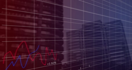 Financial data processing over grid network against tall buildings in background