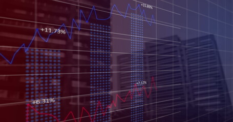 Financial data processing over grid network against tall buildings in background