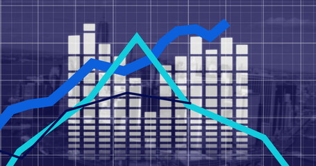 Music equalizer and blue graphs moving over grid network against cityscape