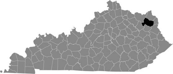 Black highlighted location map of the Carter County inside gray map of the Federal State of Kentucky, USA