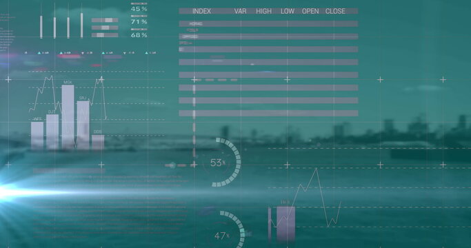 Spot of light over financial and statistical data processing against cityscape in background