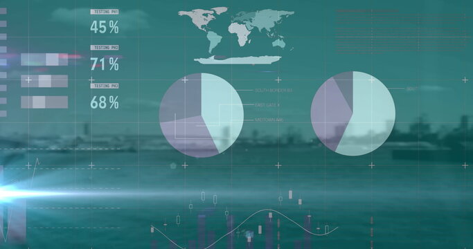 Spot of light over financial and statistical data processing against cityscape in background