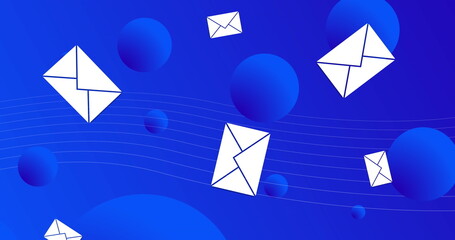 Multiple message icons falling against spheres on blue background