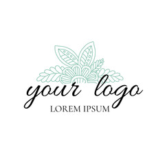 Floral logo design. Line art. Template for logotype, label, sign, icon. Wedding invitation, feminine design. Ornate flowers and elegant leaves