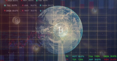 Financial data processing over bitcoin symbol against spinning globe