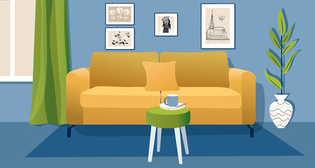 Living room in apartment. Interior 3D illustration. Room with furniture: sofa, houseplant, window, curtains, coffee cup and pictures on wall. Home interior design. Blue, yellow colors