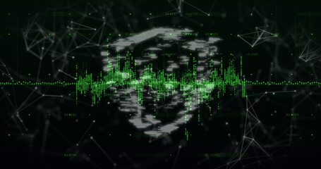 Security padlock icon and data processing over network of connections