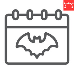 Halloween calendar line icon, holiday and halloween, calendar with bat vector icon, vector graphics, editable stroke outline sign, eps 10.