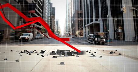 Financial curves falling over street city.