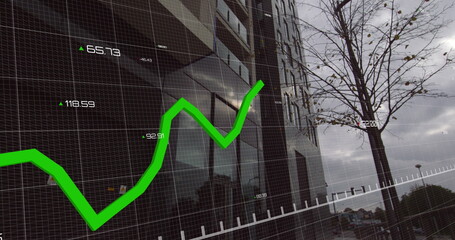 Financial curve over high building.