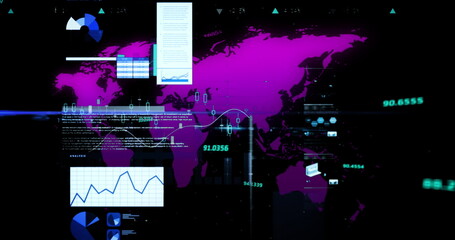 Financial data and statistical data processing against world map