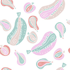 Delicate seamless pattern with abstract zucchini, apples and pears. Perfect for T-shirt, textile and prints. Hand drawn vector illustration for decor and design.
