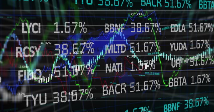 Stock market data and statistical data processing against world map