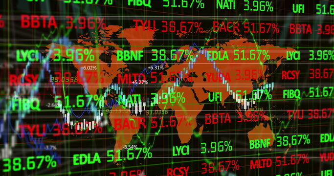 Stock market data and statistical data processing against world map