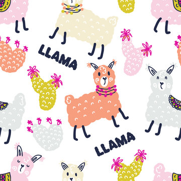 Multicolor bright summer seamless pattern of lamas, cactuses and text LLAMA. Design for T-shirt, textile and prints. Hand drawn vector illustration.
