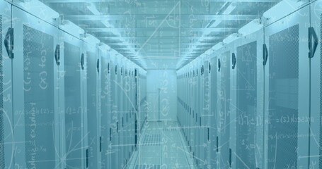Image of mathematical formulae over tech room with computer servers