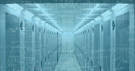 Image of mathematical formulae over tech room with computer servers
