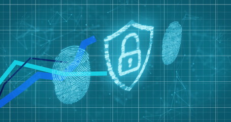 Image of network of connections over fingerprints and padlock icon