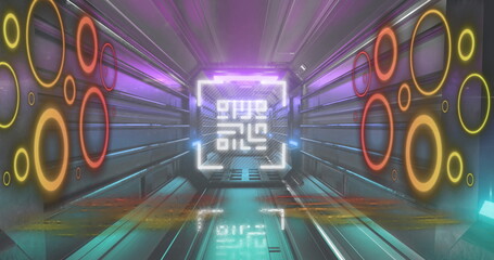 QR code scanner with neon elements against glowing tunnel