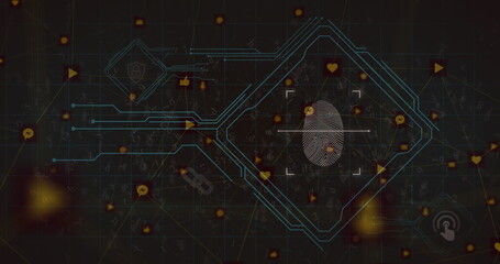 Cyber security digital interface against network of digital icons