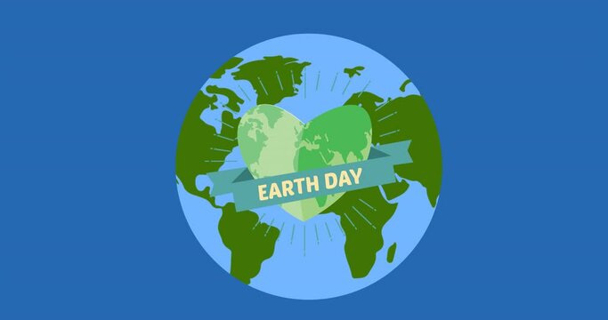 Animation of earth day text with globe and heart logo on blue background