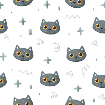Pretty cat head pancil drawn pattern. Seamless texture for fabric, textile, wrapping, paper, stationery.