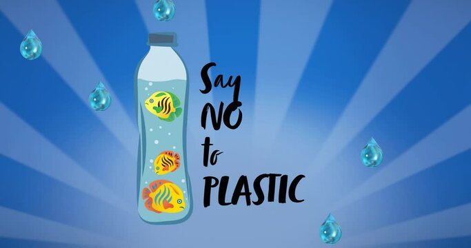 Animation of anti plastic text, with fish in bottle and falling droplets on blue stripes