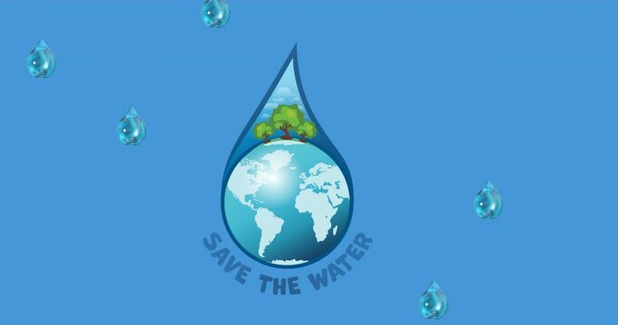 Animation of save the water text, with globe and trees inside falling droplets on blue