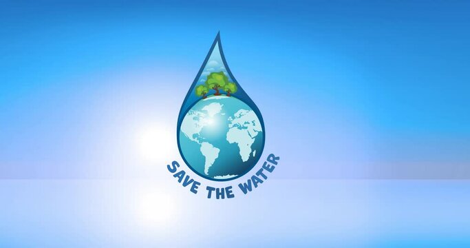 Animation of save the water text, with globe and trees in water droplet on blue background