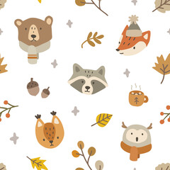 Cute and cozy autumn forest animals pattern. Seamless texture for textile, fabric, apparel, wrapping, paper, stationery.
