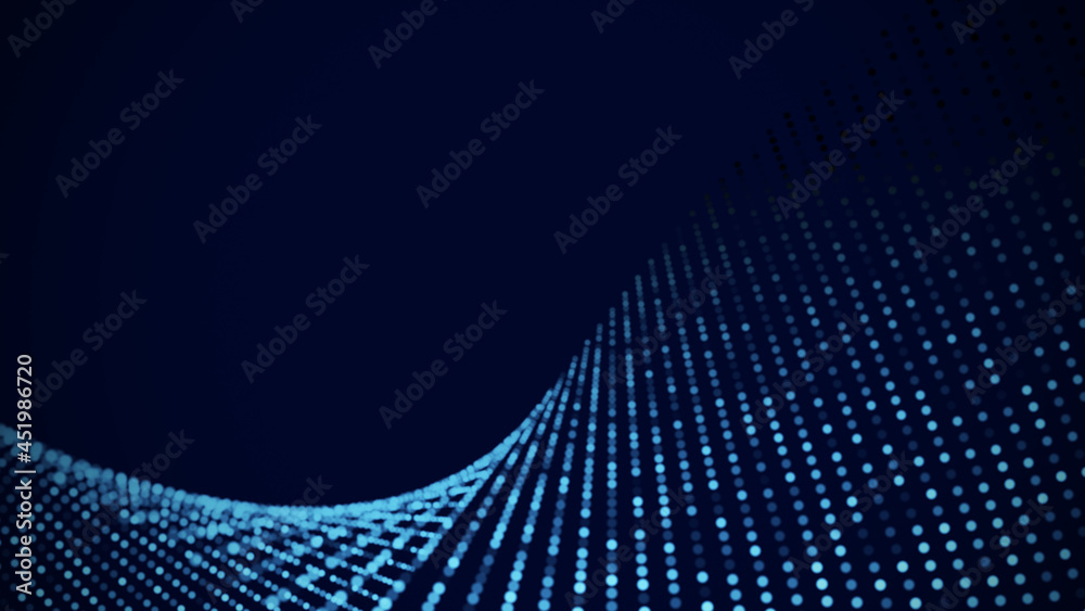Poster Blue dynamic particles wave. Embossed mesh representing internet connections, cloud computing and neural networks. Data flow. Technology background. 3d rendering.
