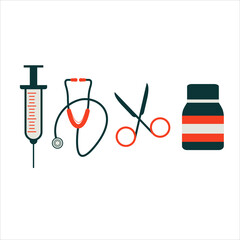 medical equipment icons - syringe, stethoscope, scissors, pill bottle.