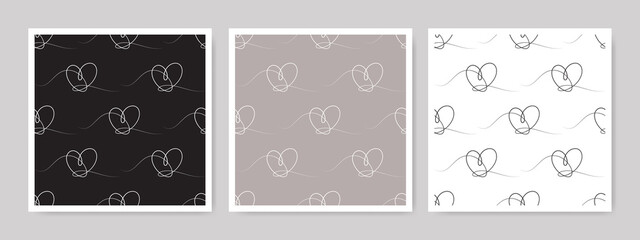 Heart one line seamless patterns. Love silhouette wallpaper set. Wedding collection texture.