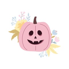 Pink pumpkin with flowers. Isolated vector illustration. Halloween background