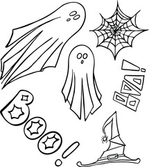 Vector set of halloween clipart. Hand drawing halloween set of ghosts icons, magic hat and spider web